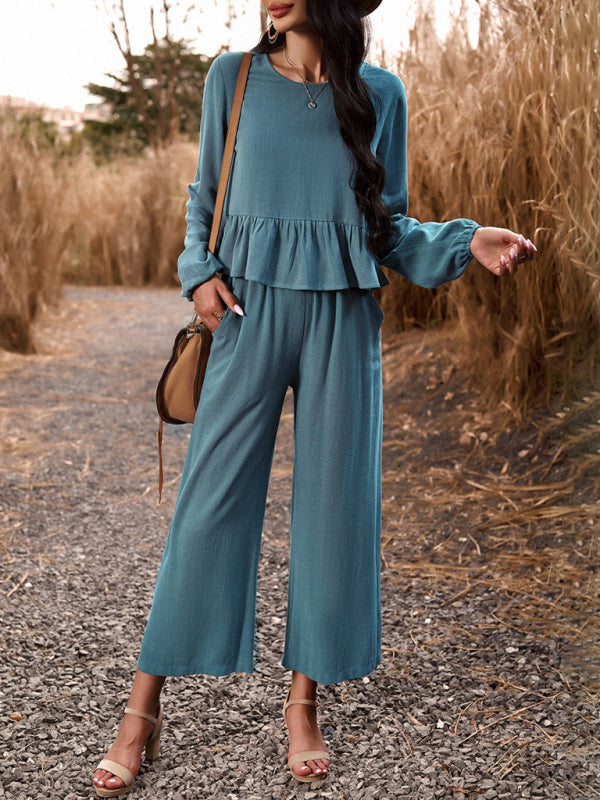Casual Outfits- Women's Textured Relax Fit Long Sleeve Blouse and Pants 2-Piece for Everyday- - Pekosa Women Clothing