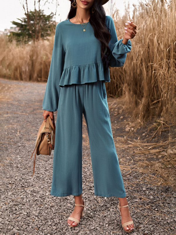 Casual Outfits- Women's Textured Relax Fit Long Sleeve Blouse and Pants 2-Piece for Everyday- - Pekosa Women Clothing