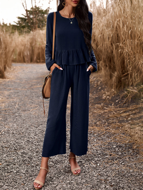 Casual Outfits- Women's Textured Relax Fit Long Sleeve Blouse and Pants 2-Piece for Everyday- - Pekosa Women Clothing