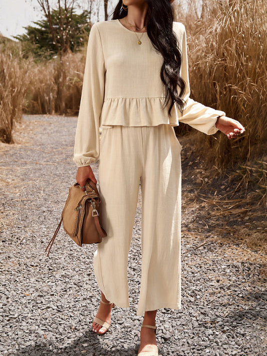 Casual Outfits- Women's Textured Relax Fit Long Sleeve Blouse and Pants 2-Piece for Everyday- Cracker khaki- Pekosa Women Clothing