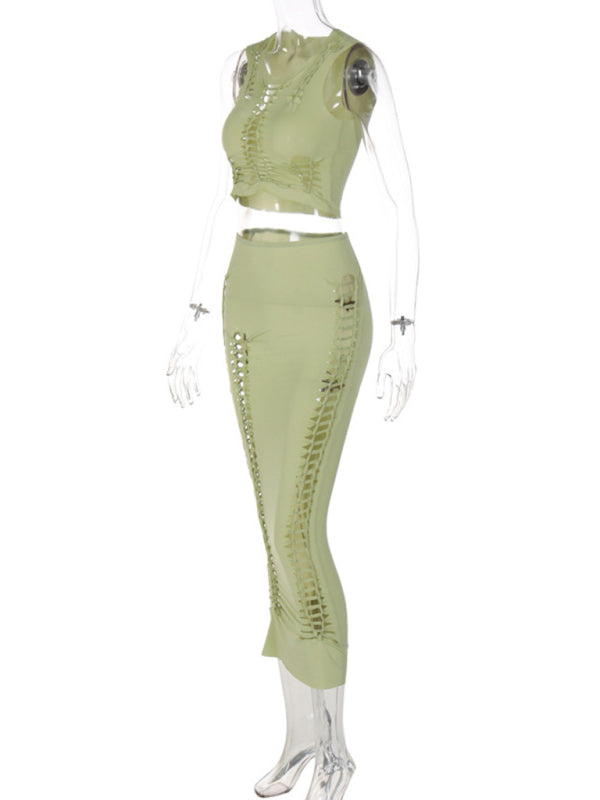 Casual Set Top + Pencil Skirt- Body-Hugging Full Cut Out Bodycon Outfit Crop Top and Pencil Midi Skirt- - Pekosa Women Clothing