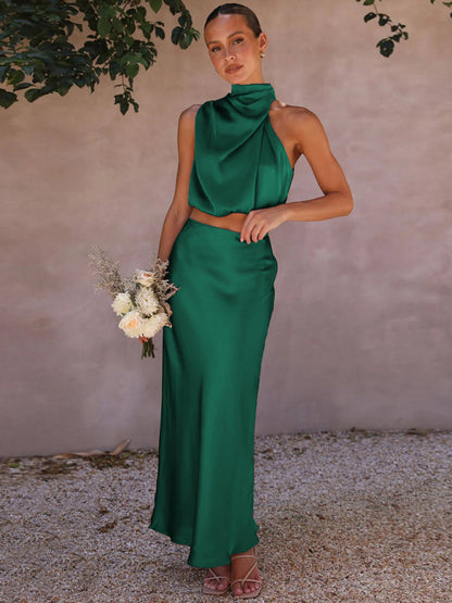 Casual Suit Top + Long Skirt- Satin Elegance: Women's Two Piece Set Cowl Crop Top and Long Skirt- - Pekosa Women Clothing