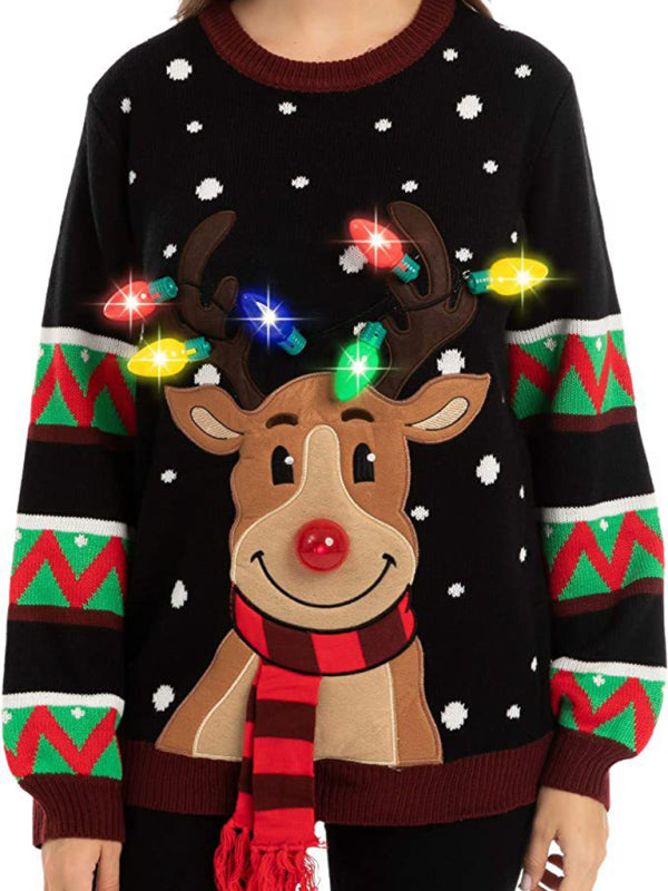 Christmas Sweater- Christmas Reindeer Light-Up Christmas Sweater with Bulbs- Black- Pekosa Women Clothing