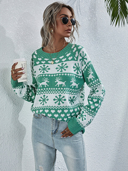 Christmas Sweaters- Christmas Elk Knit Cozy Thanksgiving Xmas Sweater- Green- Pekosa Women Clothing