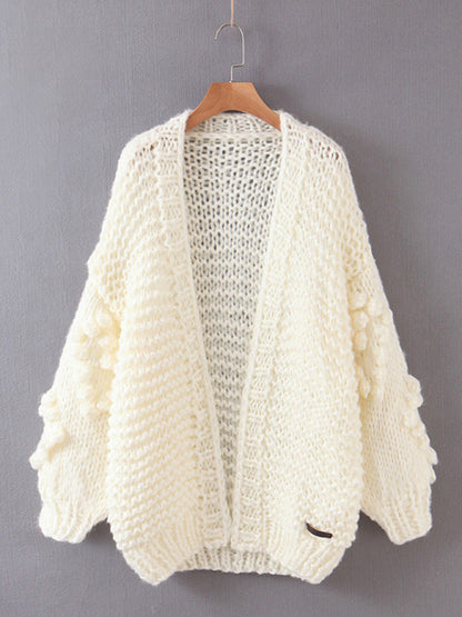 Chunky Cardigans- Cute Open Front Chunky Waffle Knit Sweater Cardigan- White- Pekosa Women Clothing