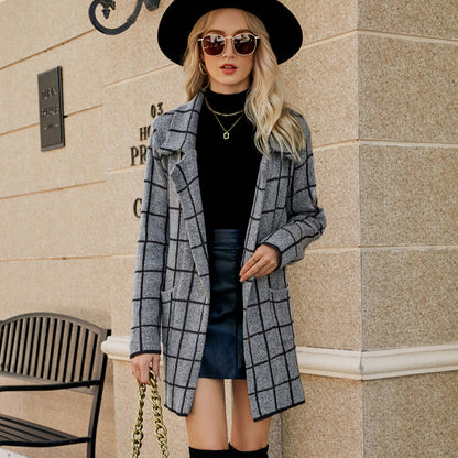 Coats- Cozy Knit Notch Lapel Winter Houndstooth Coat- - Pekosa Women Clothing