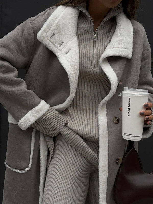 Coats- Single Breasted Teddy Bear Patched Coat | Cozy Longline Coat for Winter- Grey- Pekosa Women Clothing