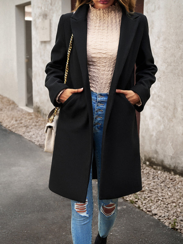 Coats- Solid Thick Wool Notch Lapels Trench Coat- - Pekosa Women Clothing