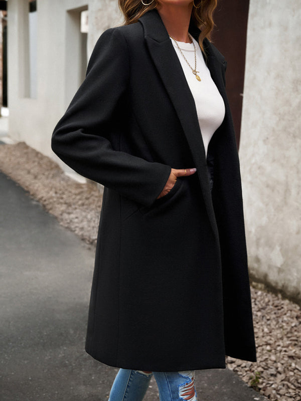Coats- Solid Thick Wool Notch Lapels Trench Coat- - Pekosa Women Clothing