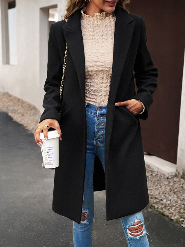 Coats- Solid Thick Wool Notch Lapels Trench Coat- Black- Pekosa Women Clothing