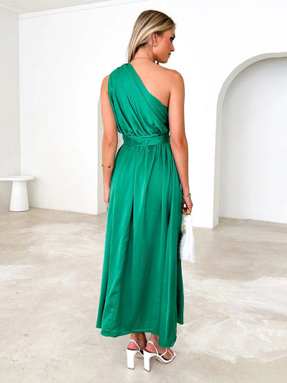 Cocktail Dresses- Elegant Belted One Shoulder Midi Dress- - Pekosa Women Clothing