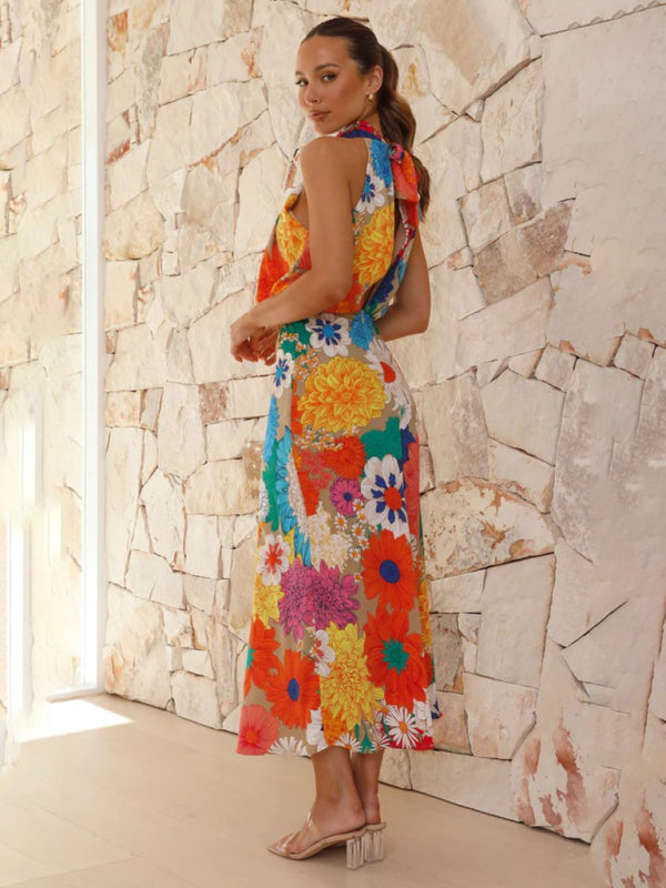 Cocktail Dresses- Floral Elegant Stand Halterneck Blouson Midi Dress- - Pekosa Women Clothing
