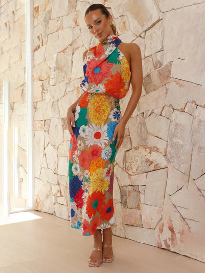 Cocktail Dresses- Floral Elegant Stand Halterneck Blouson Midi Dress- Orange- Pekosa Women Clothing