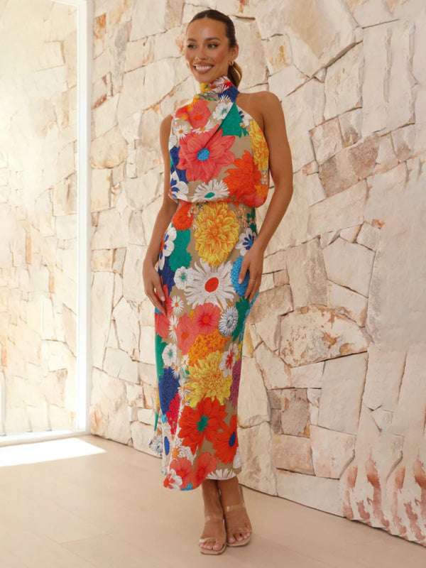 Cocktail Dresses- Floral Elegant Stand Halterneck Blouson Midi Dress- - Pekosa Women Clothing