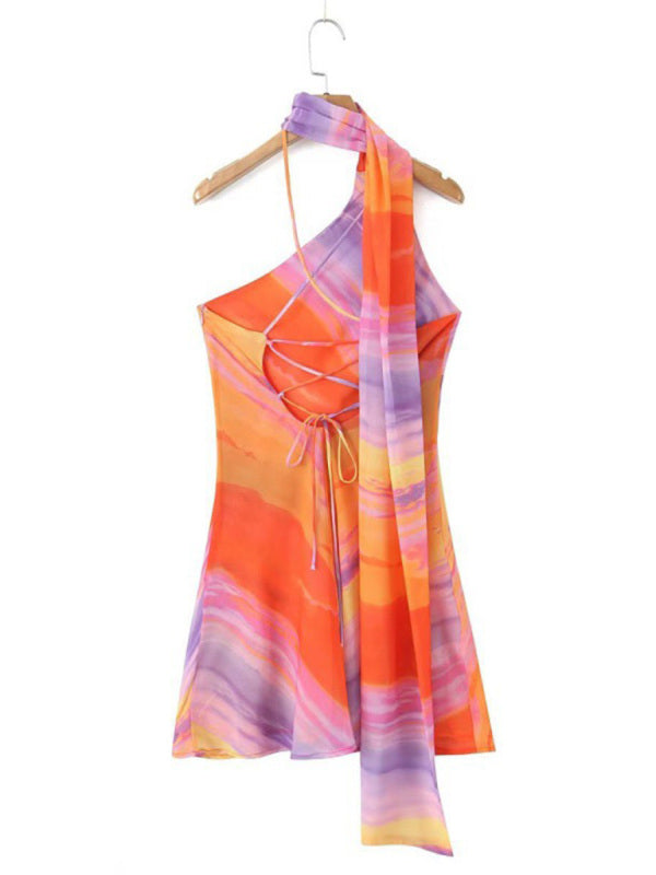 Cocktail Dresses- Multicolor Cocktail A-Line Dress with Halter Scarf & Lace-Up Back- - Pekosa Women Fashion