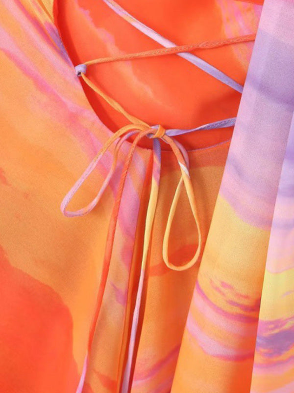 Cocktail Dresses- Multicolor Cocktail A-Line Dress with Halter Scarf & Lace-Up Back- - Pekosa Women Fashion