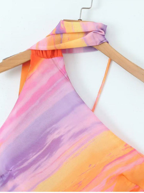Cocktail Dresses- Multicolor Cocktail A-Line Dress with Halter Scarf & Lace-Up Back- - Pekosa Women Fashion