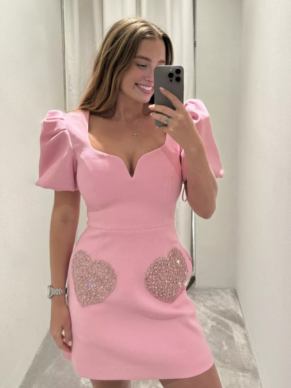 Cocktail Dresses- Vintage =Cocktail Mini Dress with Puff Sleeves & Sparkling Love Patch- - Pekosa Women Fashion