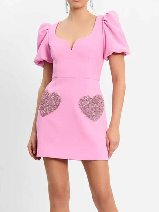 Cocktail Dresses- Vintage =Cocktail Mini Dress with Puff Sleeves & Sparkling Love Patch- Pink- Pekosa Women Fashion