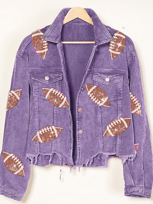 Corduroy Denim Jacket- Corduroy Distressed Denim Jacket - Sequined Sporty Denim Shacket- Purple- Pekosa Women Clothing