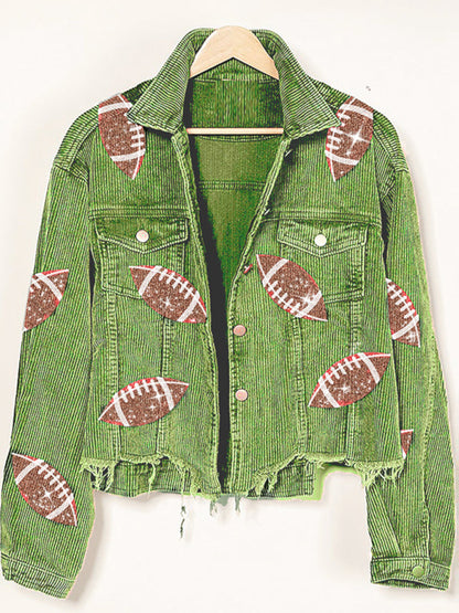 Corduroy Denim Jacket- Corduroy Distressed Denim Jacket - Sequined Sporty Denim Shacket- Green- Pekosa Women Clothing