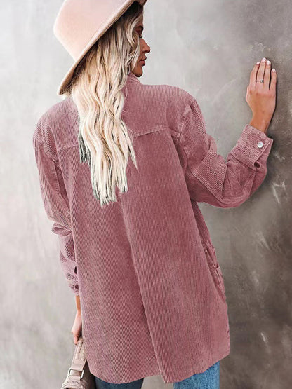 Corduroy Jackets- Solid Corduroy Oversized Shirt Jacket- - Pekosa Women Clothing