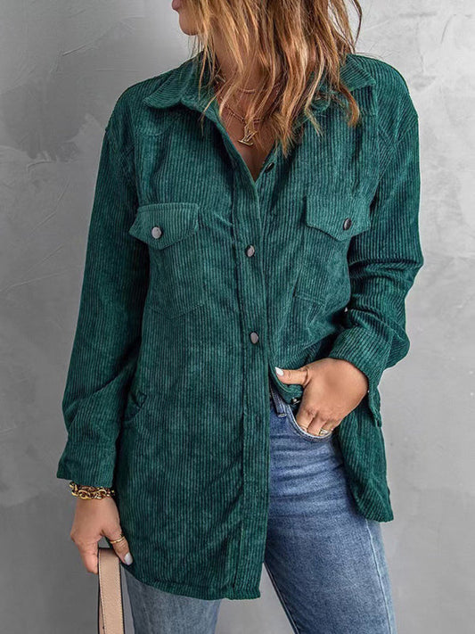 Corduroy Jackets- Solid Corduroy Oversized Shirt Jacket- Green- Pekosa Women Clothing
