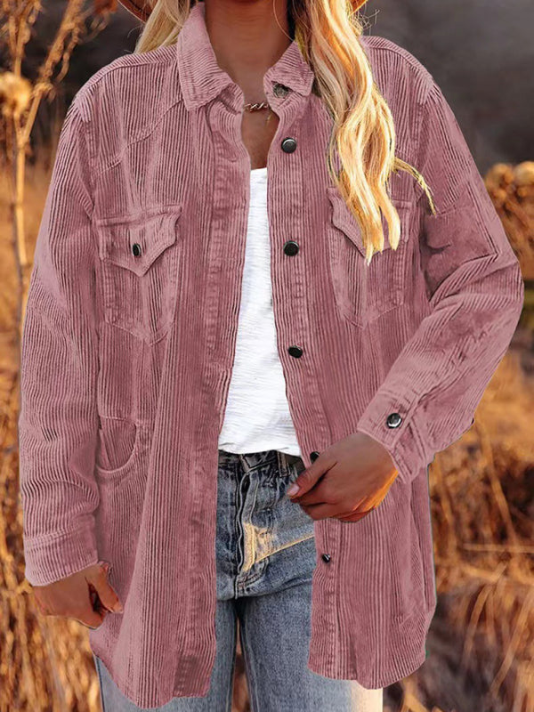 Corduroy Jackets- Solid Corduroy Oversized Shirt Jacket- Pink- Pekosa Women Clothing