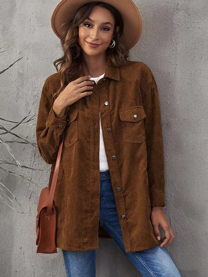 Corduroy Jackets- Solid Corduroy Oversized Shirt Jacket- Coffee- Pekosa Women Clothing