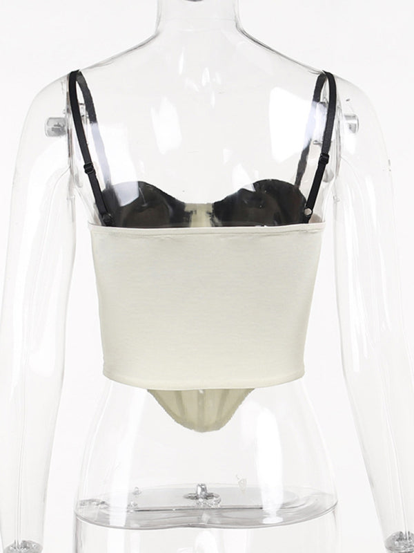 Corsets Top- Corset Bustier Blouse: Contrast Bra Trim - Stylish Cami Tank Crop!- - Pekosa Women Clothing