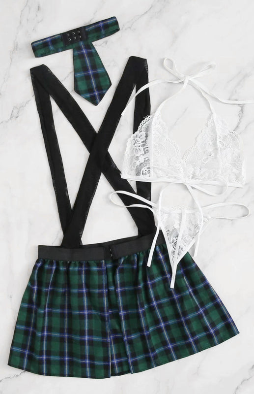 Cosplay Lingerie- Back-to-School Complete 4-Piece Tartan Cosplay Lingerie- - Pekosa Women Clothing