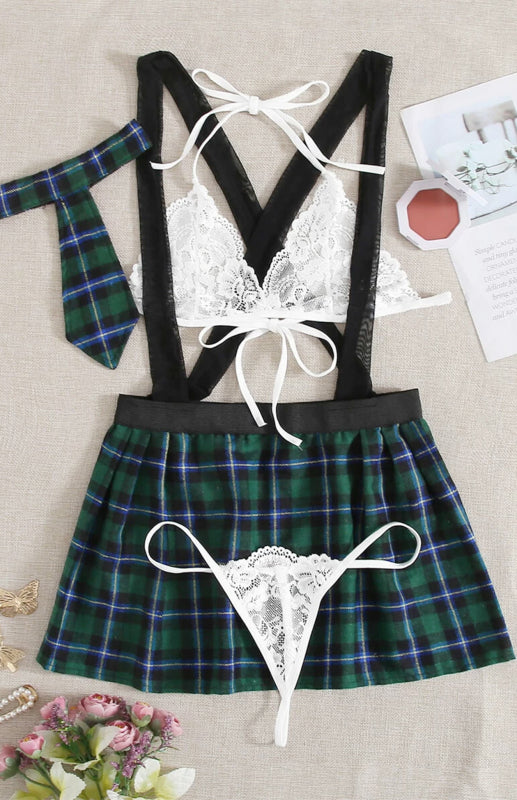 Cosplay Lingerie- Back-to-School Complete 4-Piece Tartan Cosplay Lingerie- - Pekosa Women Clothing