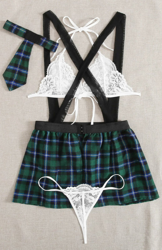 Cosplay Lingerie- Back-to-School Complete 4-Piece Tartan Cosplay Lingerie- - Pekosa Women Clothing
