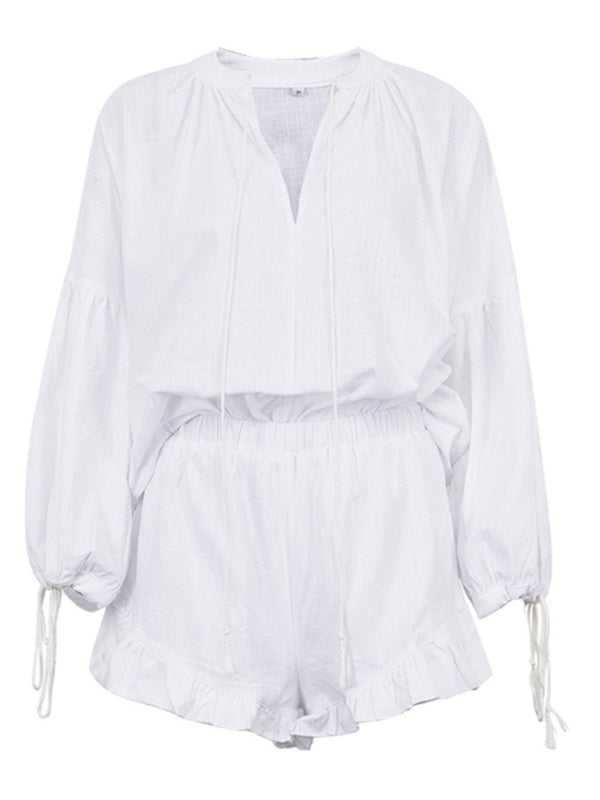 Cotton Outfits- Casual Summer Essentials Cotton Solid 2-Piece Set - Shorts & Top- - Pekosa Women Clothing