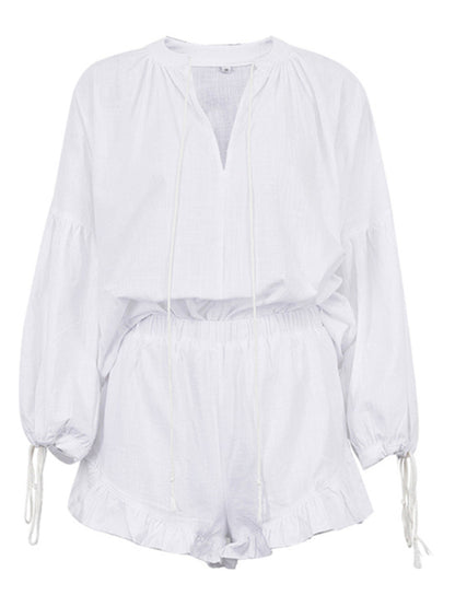 Cotton Outfits- Casual Summer Essentials Cotton Solid 2-Piece Set - Shorts & Top- - Pekosa Women Clothing