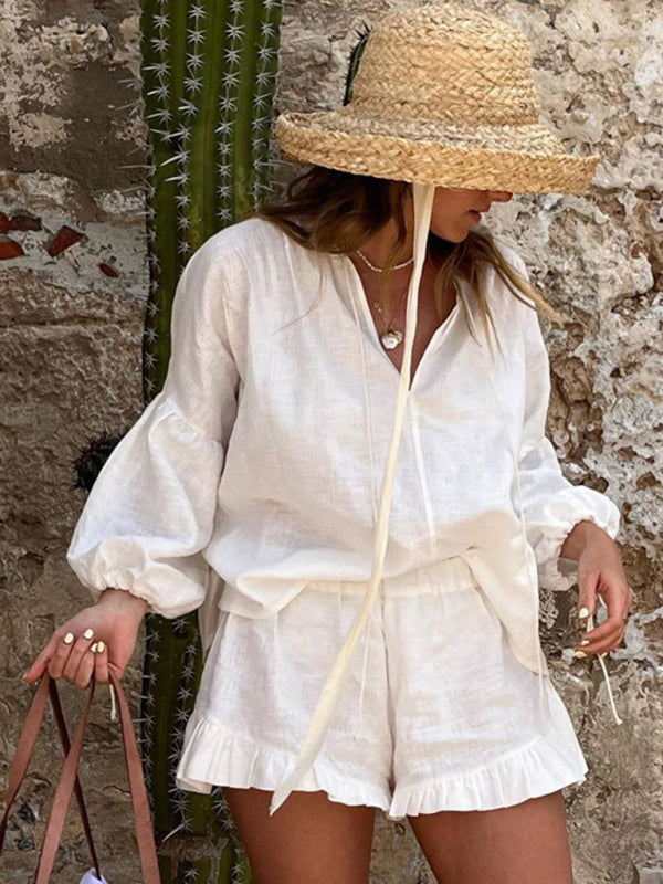 Cotton Outfits- Casual Summer Essentials Cotton Solid 2-Piece Set - Shorts & Top- - Pekosa Women Clothing