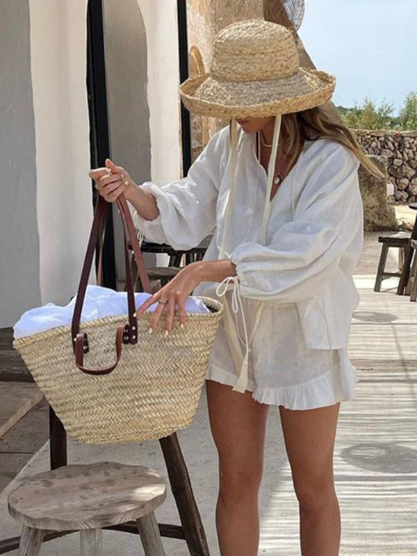 Cotton Outfits- Casual Summer Essentials Cotton Solid 2-Piece Set - Shorts & Top- - Pekosa Women Clothing