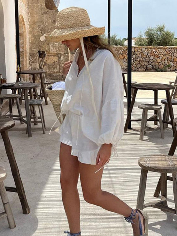 Cotton Outfits- Casual Summer Essentials Cotton Solid 2-Piece Set - Shorts & Top- - Pekosa Women Clothing