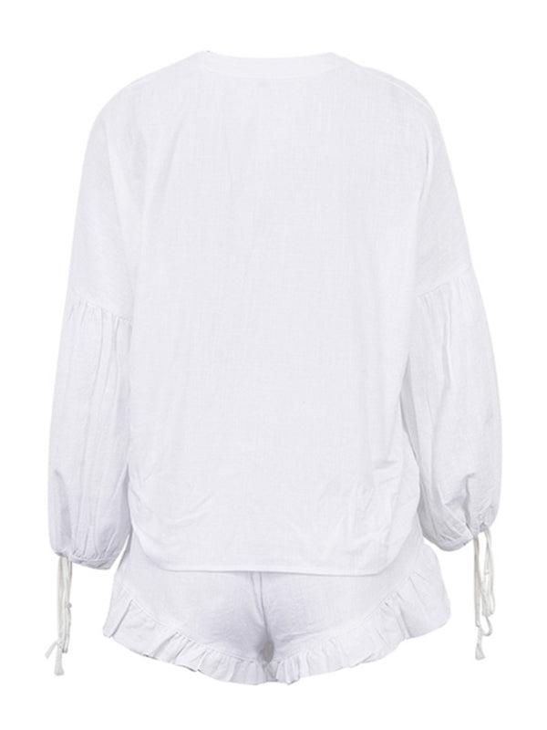 Cotton Outfits- Casual Summer Essentials Cotton Solid 2-Piece Set - Shorts & Top- - Pekosa Women Clothing