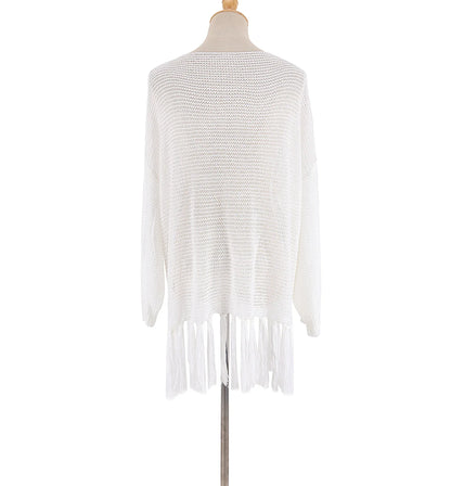 Cover Ups- Crochet Beachwear Cover-Up with Fringe Trim- - Pekosa Women Fashion