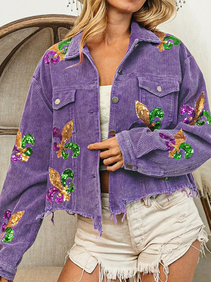 Crop Jacket- Mardi Gras Ripped Corduroy Sequin Patchwork Crop Jacket- - Pekosa Women Clothing