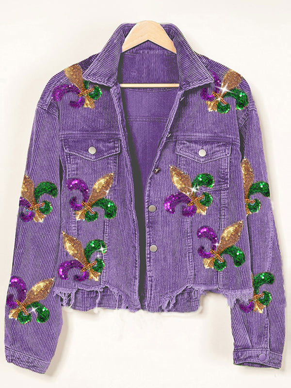 Crop Jacket- Mardi Gras Ripped Corduroy Sequin Patchwork Crop Jacket- - Pekosa Women Clothing