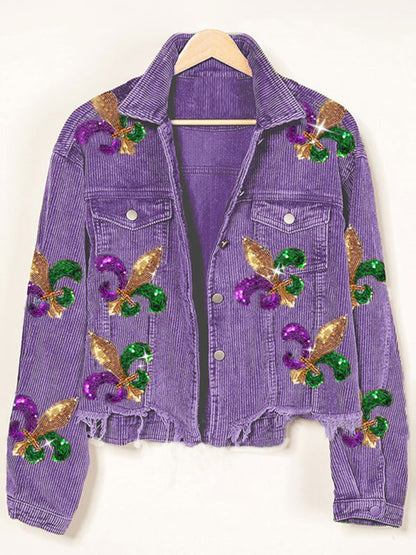 Crop Jacket- Mardi Gras Ripped Corduroy Sequin Patchwork Crop Jacket- - Pekosa Women Clothing