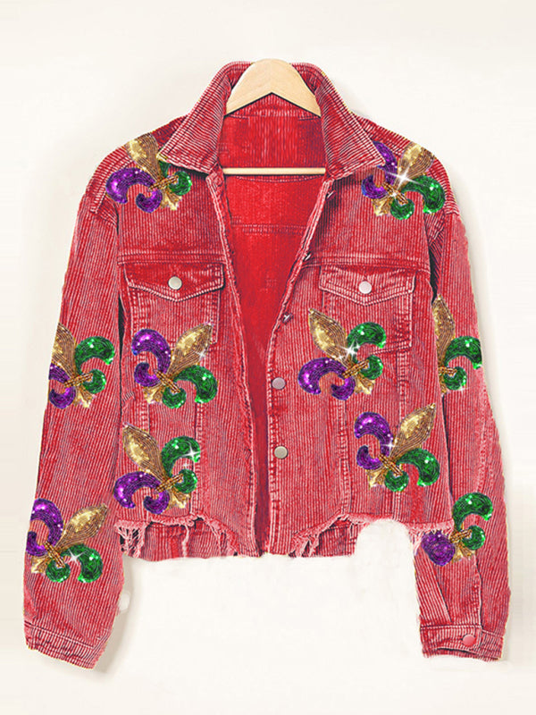 Crop Jacket- Mardi Gras Ripped Corduroy Sequin Patchwork Crop Jacket- Red- Pekosa Women Clothing
