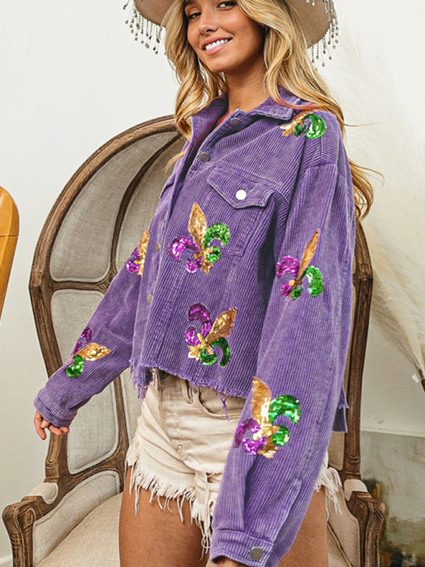 Crop Jacket- Mardi Gras Ripped Corduroy Sequin Patchwork Crop Jacket- - Pekosa Women Clothing