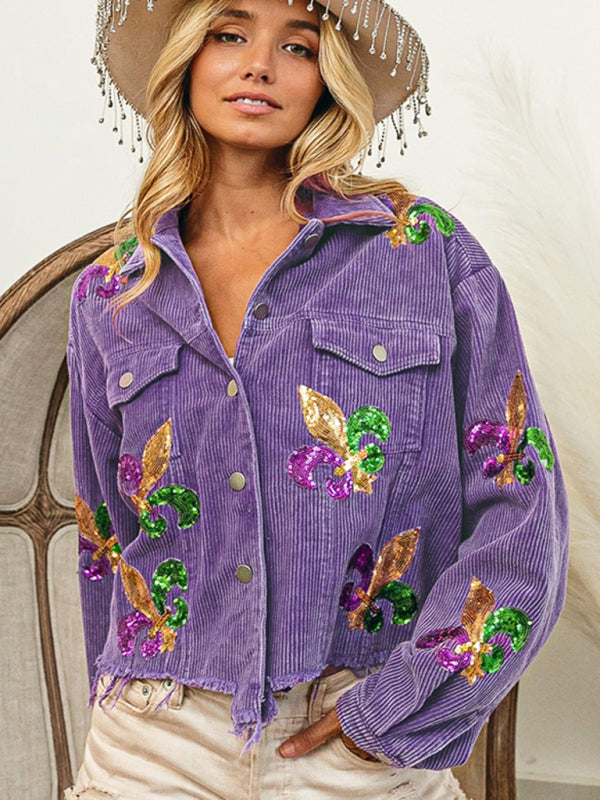 Crop Jacket- Mardi Gras Ripped Corduroy Sequin Patchwork Crop Jacket- - Pekosa Women Clothing