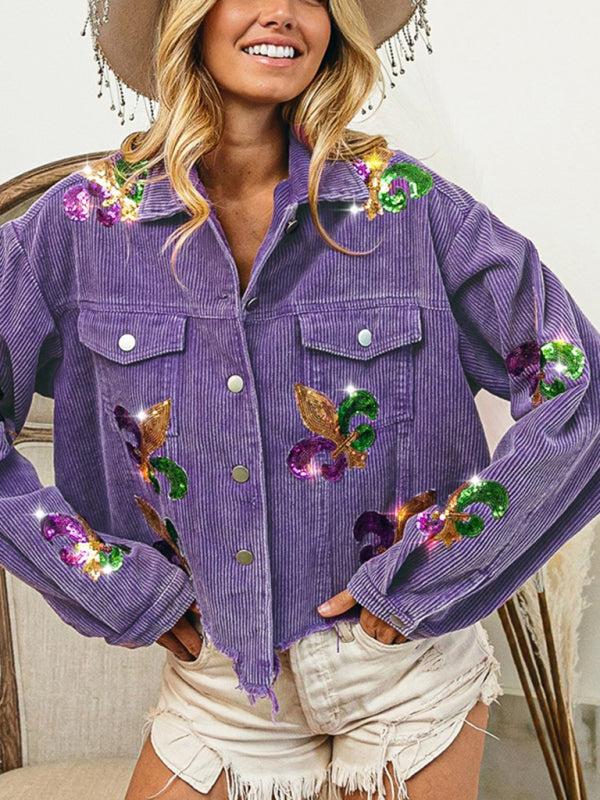 Crop Jacket- Mardi Gras Ripped Corduroy Sequin Patchwork Crop Jacket- - Pekosa Women Clothing