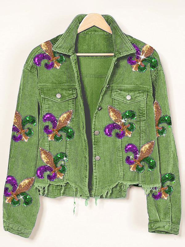 Crop Jacket- Mardi Gras Ripped Corduroy Sequin Patchwork Crop Jacket- Green- Pekosa Women Clothing