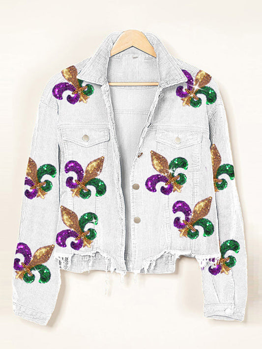 Crop Jacket- Mardi Gras Ripped Corduroy Sequin Patchwork Crop Jacket- White- Pekosa Women Clothing