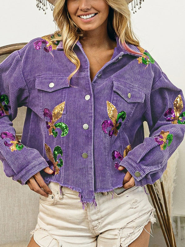 Crop Jacket- Mardi Gras Ripped Corduroy Sequin Patchwork Crop Jacket- - Pekosa Women Clothing